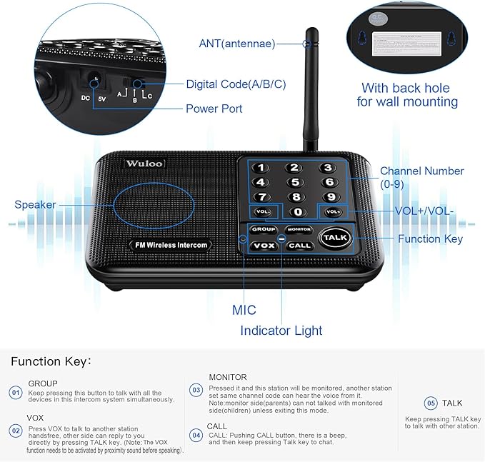 Wuloo Intercoms Wireless for Home 5280 Feet Range 10 Channel 3 Code, Wireless