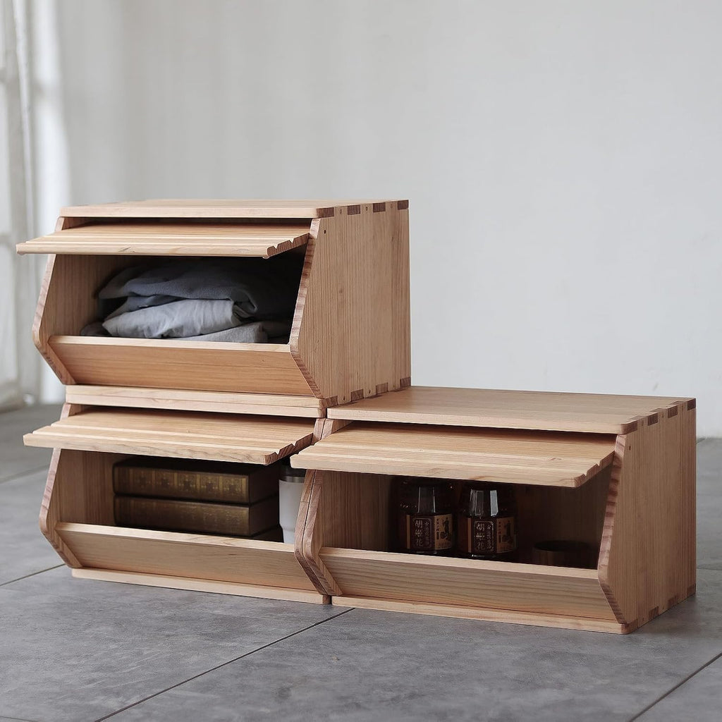 stackable solid wood storage chests, modular bins with, side view