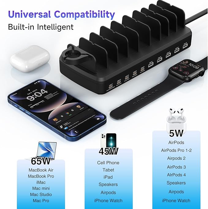 285W Charging Station for Multiple Devices, 10 Ports Fast Multi-Device Charger