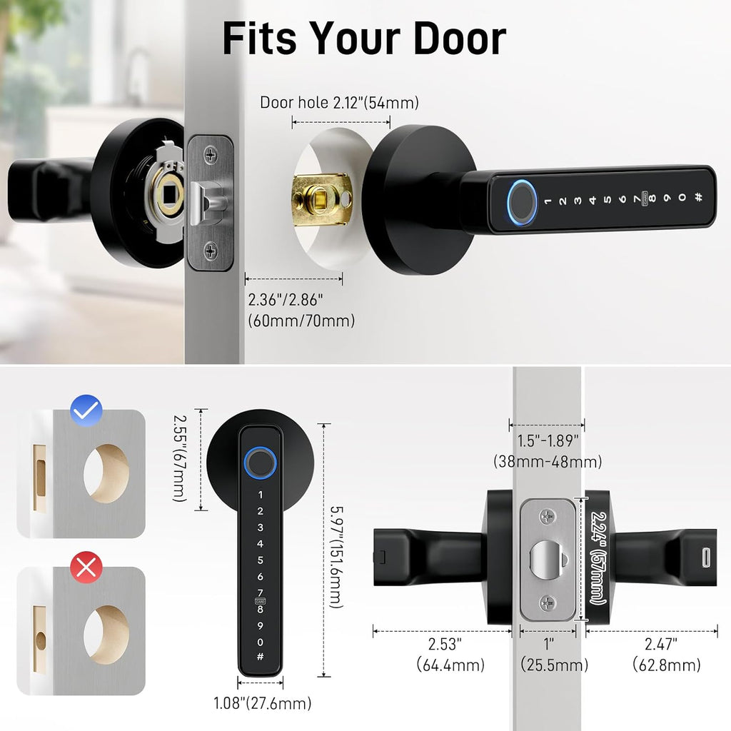 Smart Fingerprint Door Lock with Keypad, Keyless Entry Door Knob with Handle, Biometric Door Lock for Bedroom/Front Door/Apartment, APP Remote Control Black
