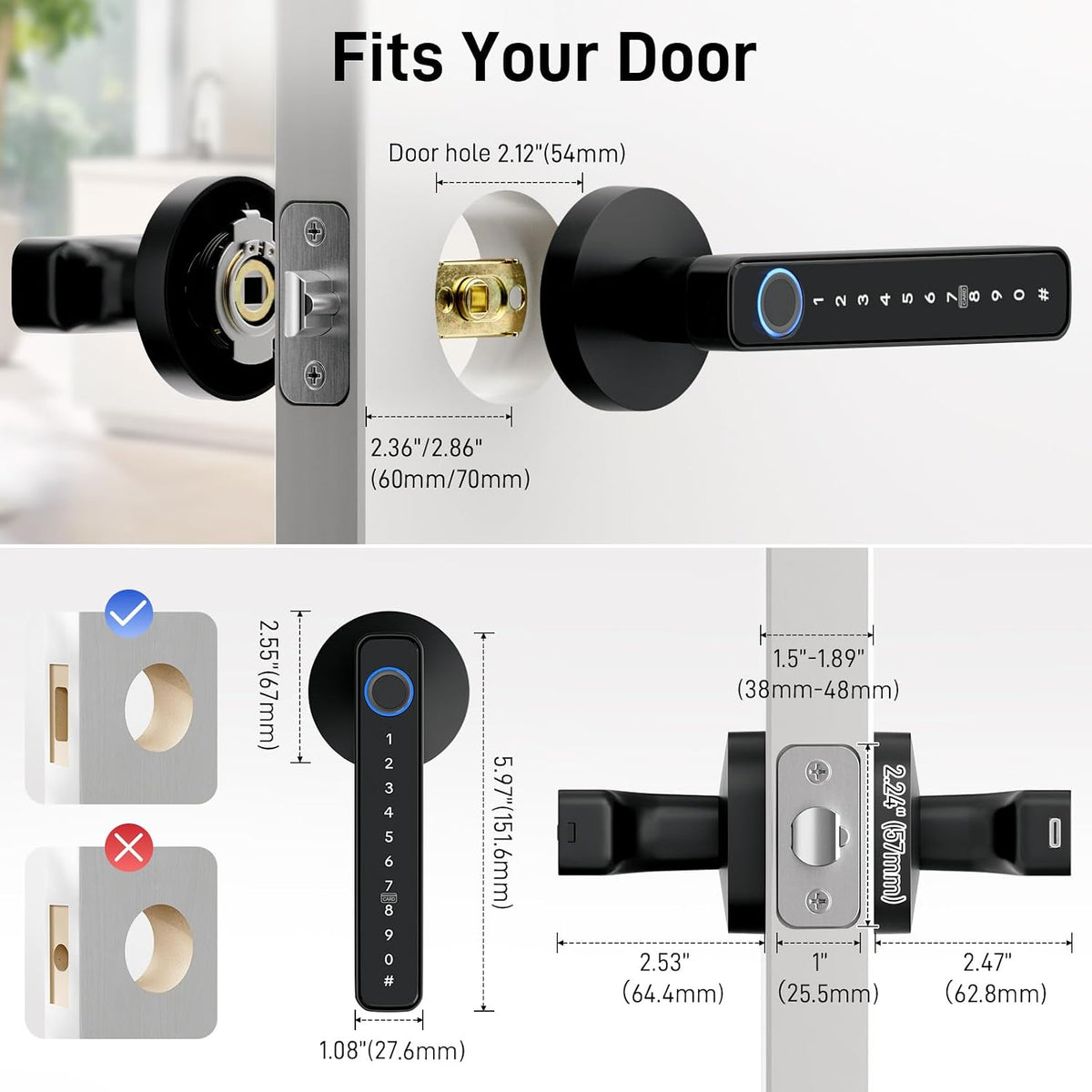 Smart Fingerprint Door Lock with Keypad, Keyless Entry Door Knob with Handle, Biometric Door Lock for Bedroom/Front Door/Apartment, APP Remote Control Black