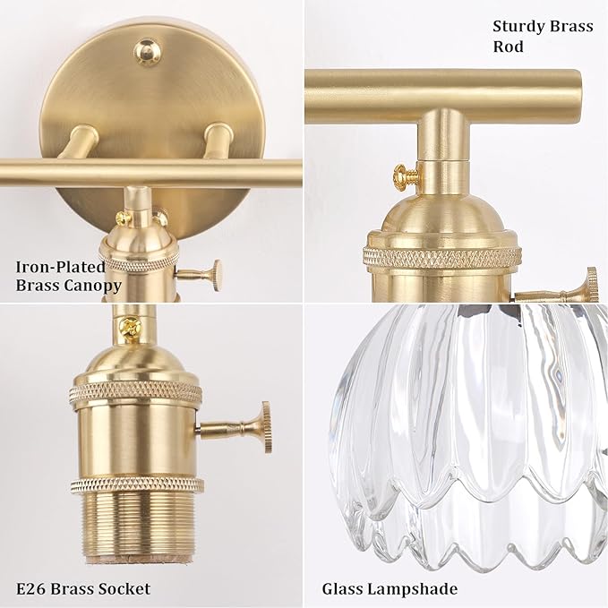 Shenmoyl Bathroom Light Fixtures, 3-Light Brass Vanity Wall Light Over Mirror