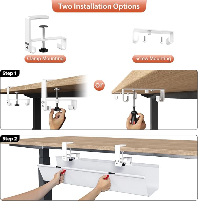 Univivi No Drill Under Desk Cable Management Tray, Clamp/Screw Mount Desk Cable