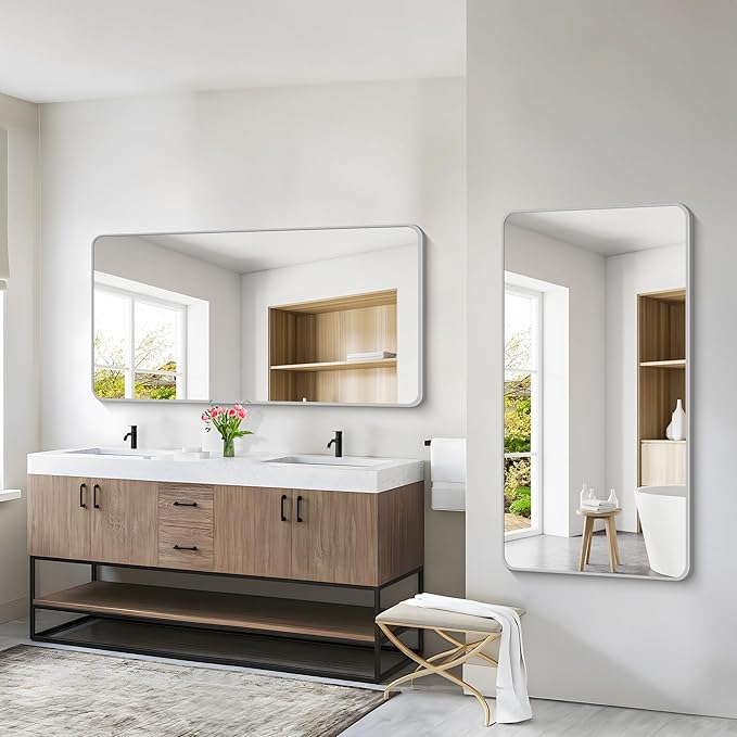 55x30 Inch Silver Bathroom Mirror, Large Rectangular Vanity Mirror, Metal