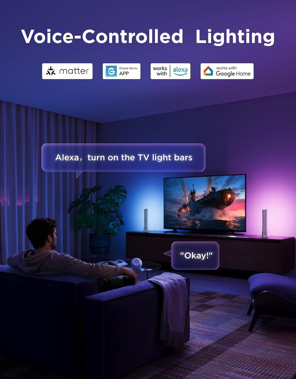 Govee Smart Light Bar, RGBICWW TV Lights for Living Room, Gaming, Silver | Compatible with SmartThings, Matter, Alexa, LED Light Bar with Scene and Music Modes for Living Room, Gaming, PC, App Control