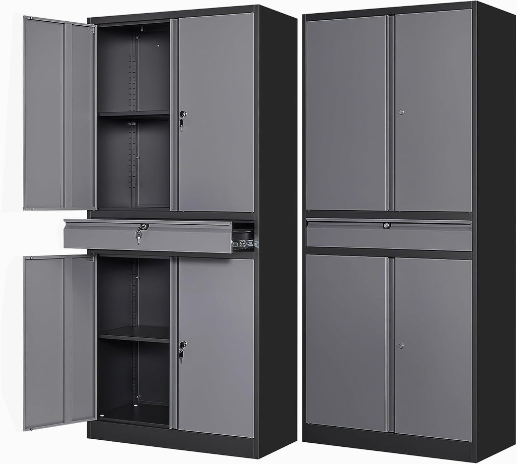 Letaya Metal Garage Storage Cabinet with Drawer,4 Door Tool Cabinet with Lock-2 Adjustable Shelves for Garage Home Office Utility Room (Black & Gray)