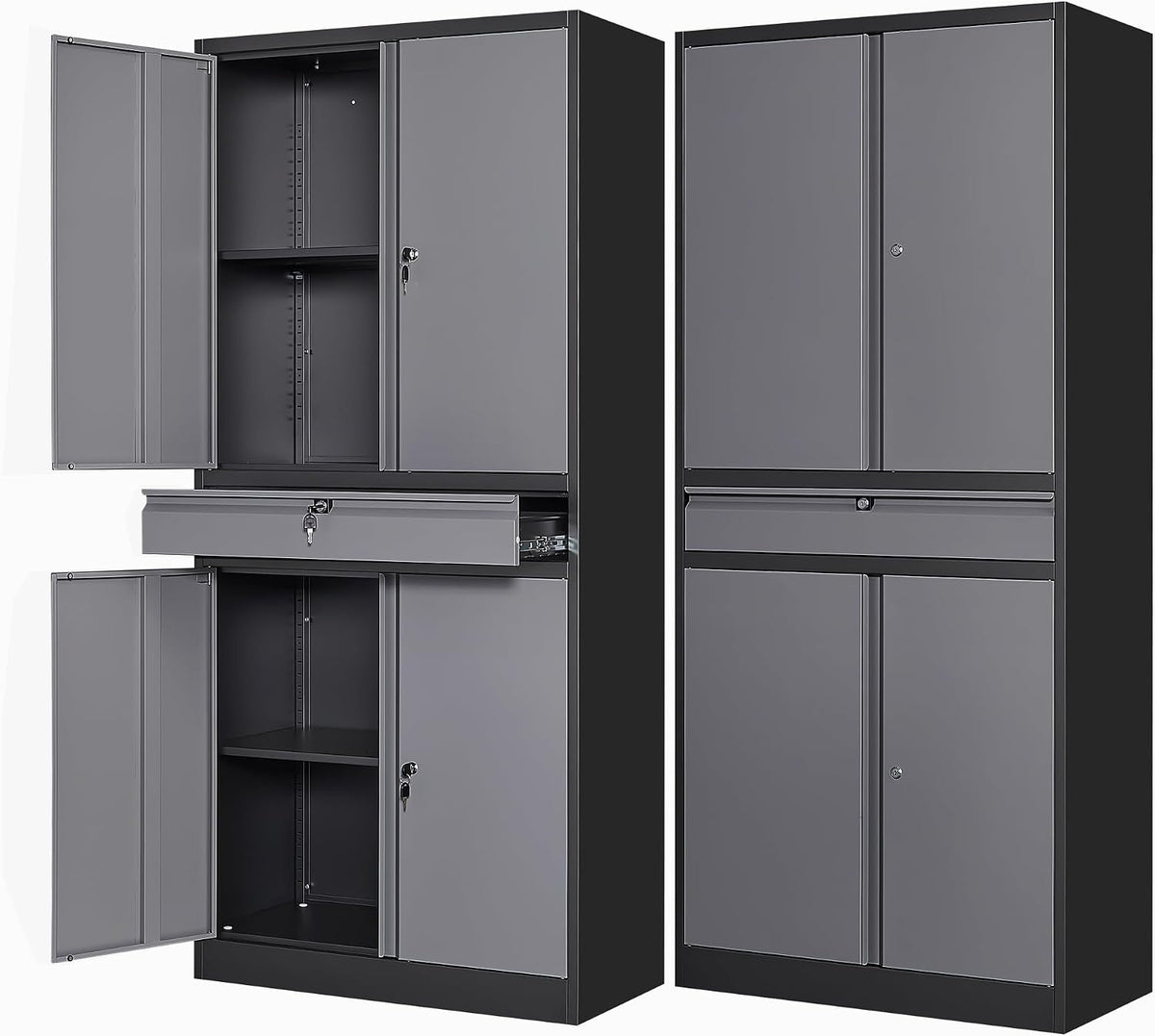Letaya Metal Garage Storage Cabinet with Drawer,4 Door Tool Cabinet with Lock-2 Adjustable Shelves for Garage Home Office Utility Room (Black & Gray)