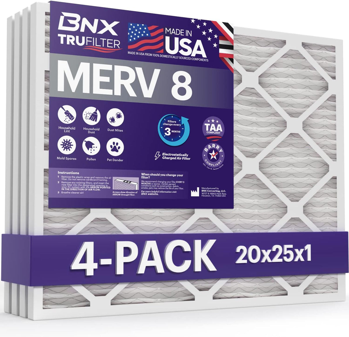 BNX TruFilter 20x25x1 Air Filter MERV 8 (4 Pack)