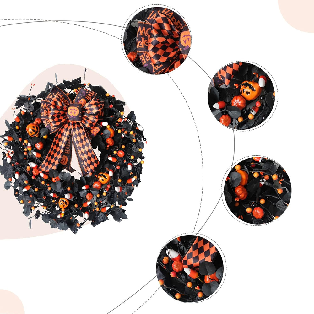 22inch Black Halloween Wreaths for Front Door Bow Decorative