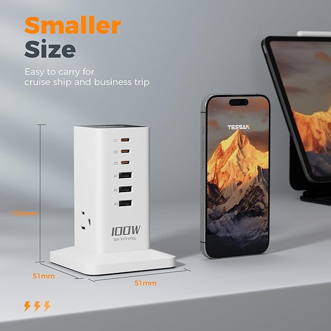 Charging Station PD 100W, TESSAN 9-in-1 USB C Power Strip