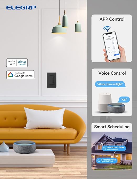 ELEGRP Smart Dimmer Light Switch DTR30, Single Pole or 3 Way, 2.4GHz Wi-Fi (2 Pack)