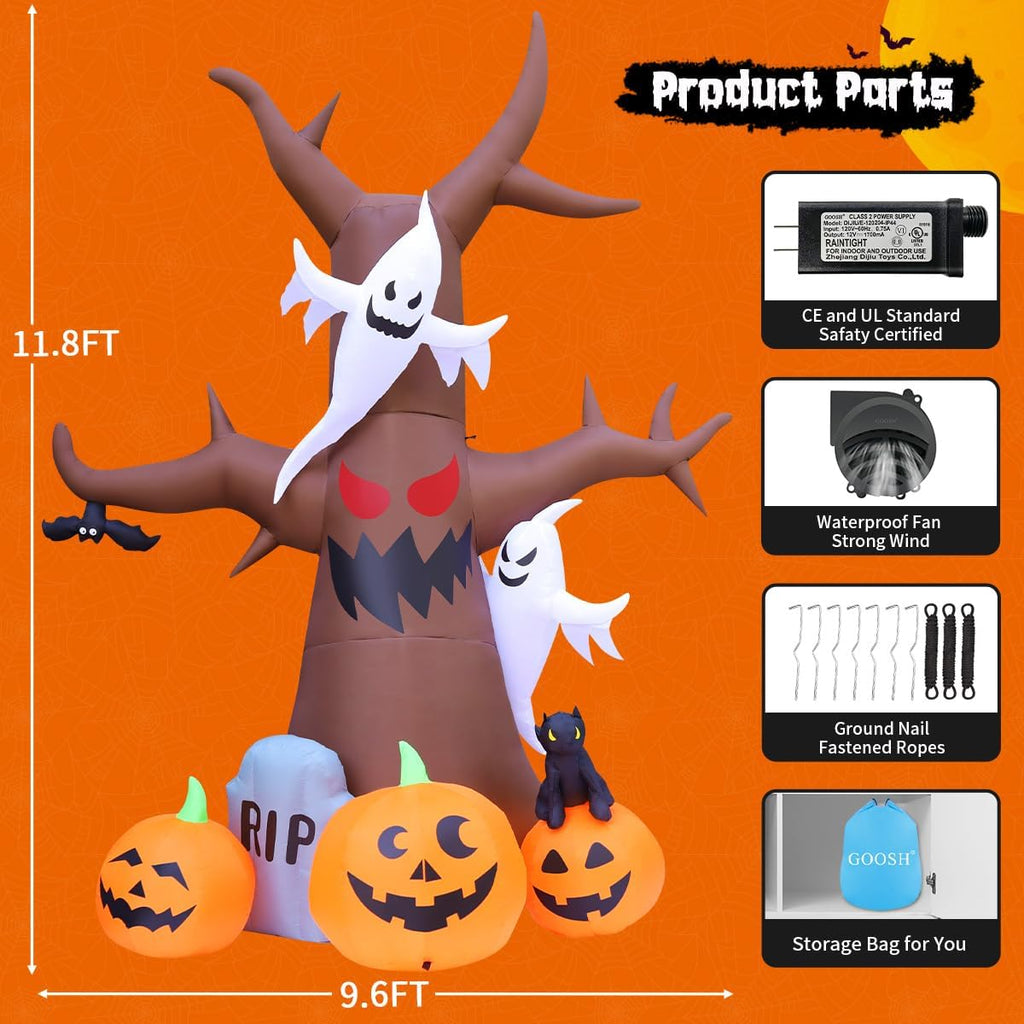 GOOSH 12 FT Halloween Inflatables Tree Outdoor Decorations Blow Up Yard Scary Dead Tree with Pumpkin Ghost Tombstone with Built-in LEDs for Garden Lawn Indoor Party Decor