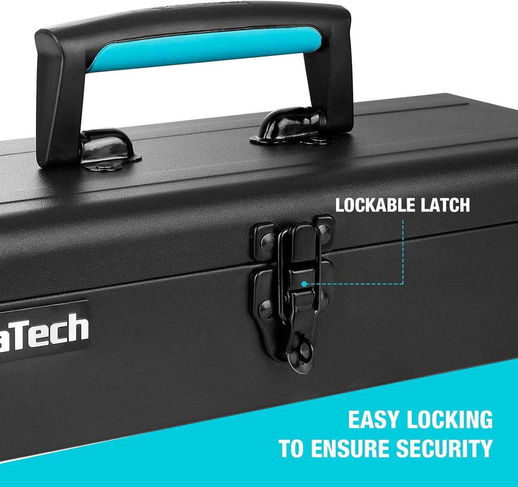 duratech 15" metal tool box, portable steel toolbox, side view