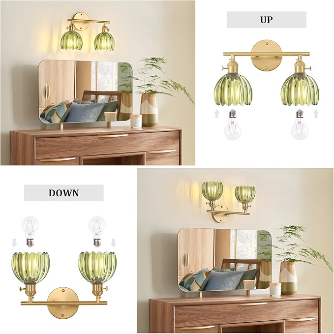 Shenmoyl Bathroom Light Fixtures, 2-Light Brass Vanity Wall Light Over Mirror
