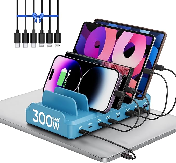 300W Charging Station for Multiple Devices, 8 Port Multi USB C Fast Charger