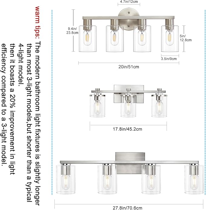 4 Light Bathroom Vanity Light, Brushed Nickel 4-Light Bathroom Light Fixtures