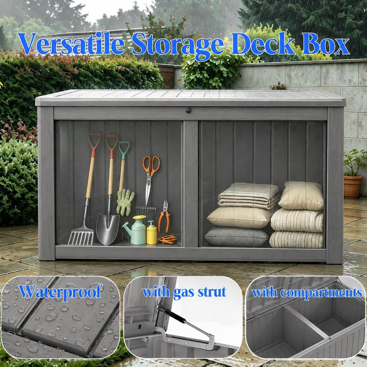 outdoor deck storage box,waterproof,grey,220 gallon shown in use