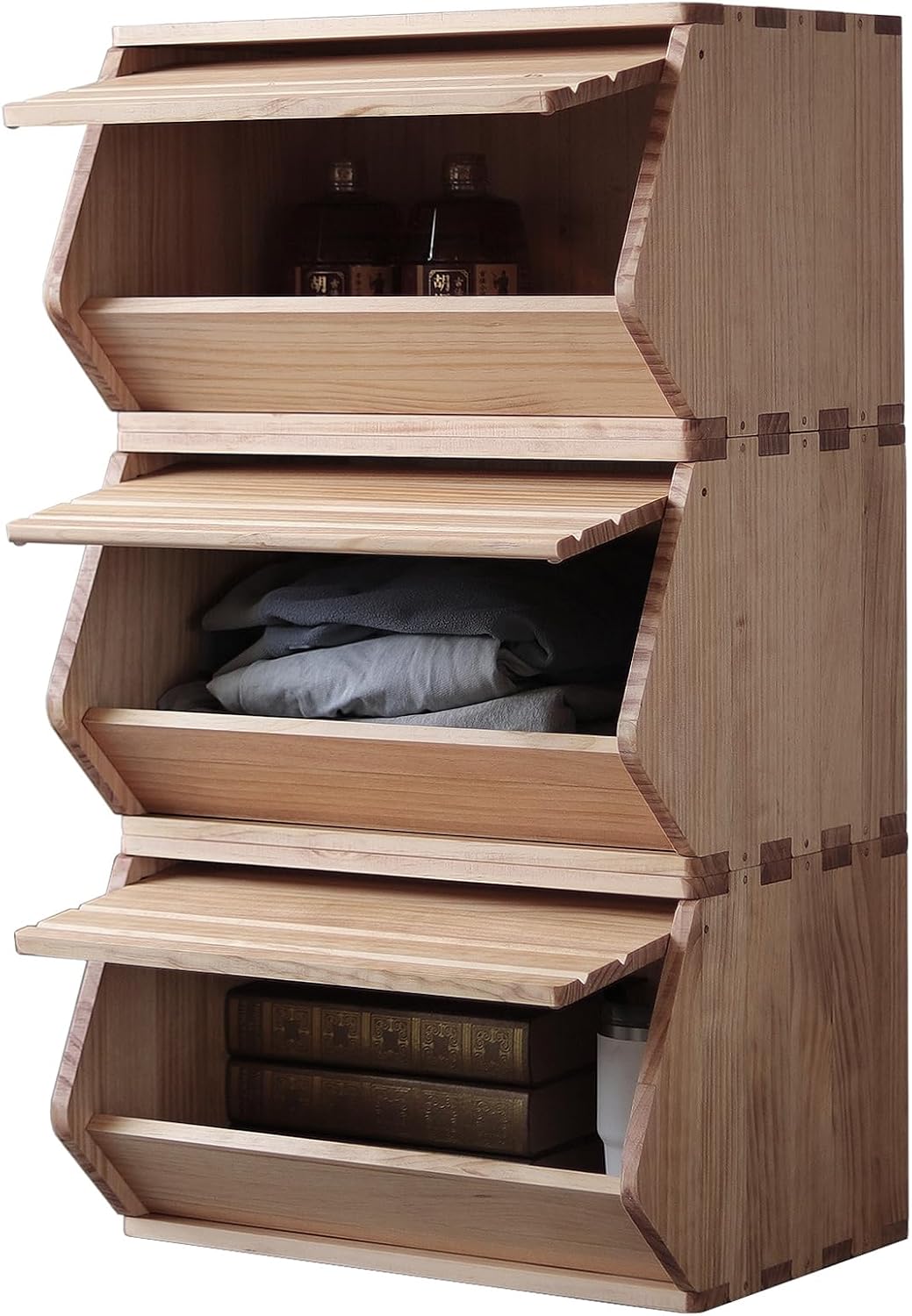 Stackable Solid Wood Storage Chests, Modular Bins with Lids, 19.5"W