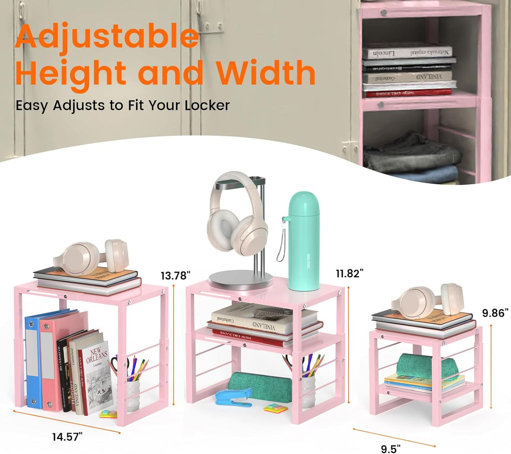 lidtop locker organizer shelf pink, adjustable width and on a desk or shelf