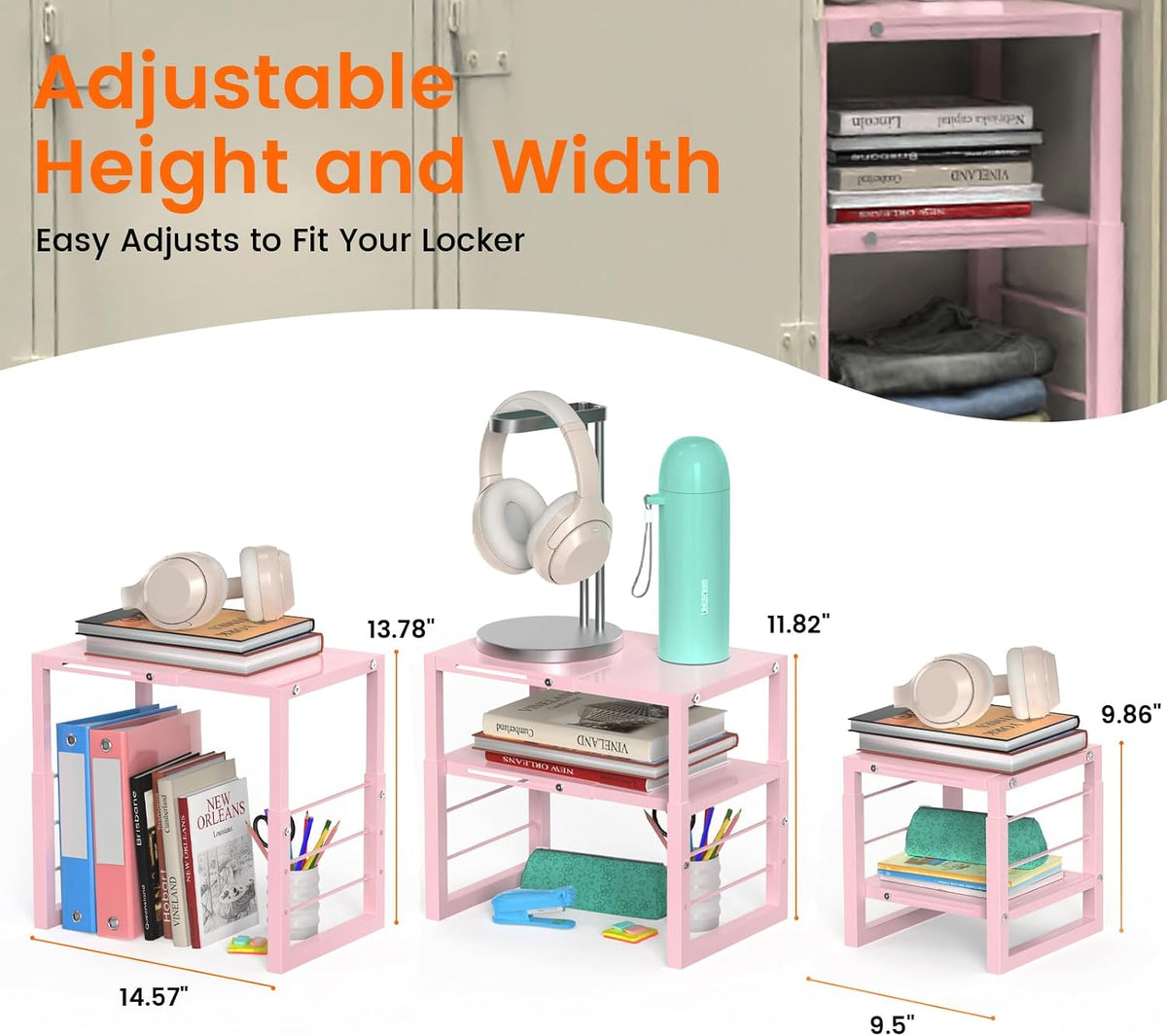 lidtop locker organizer shelf pink, adjustable width and on a desk or shelf