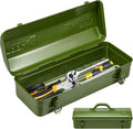 Tool Box, 16.9" Portable Metal Tool Organizer Box with Double Latch Closure and Handle, Heavy Duty Hip Roof Style Tool Chest for Household Workshop Car (Green)