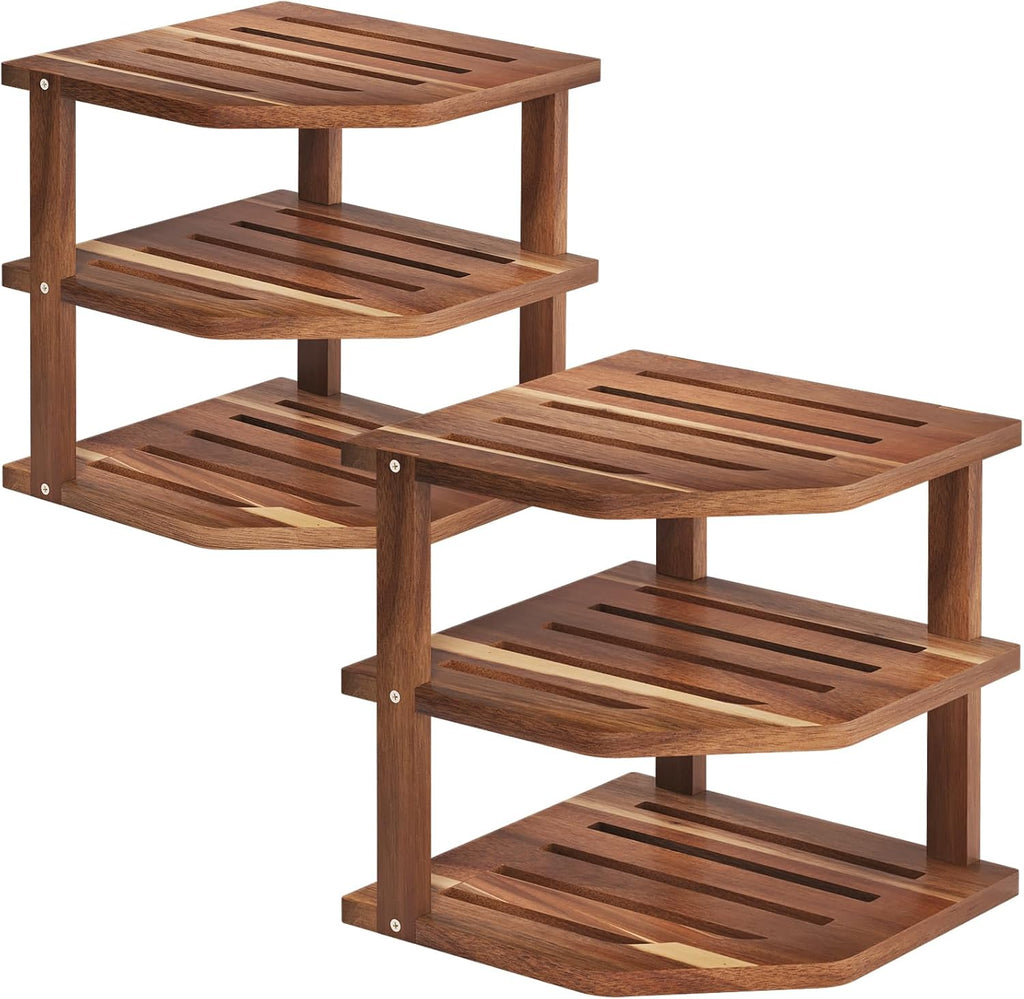 VERTORGAN 3 Tier Acacia Corner Shelf 2 Pack,Dish Drying Rack,Cabinet