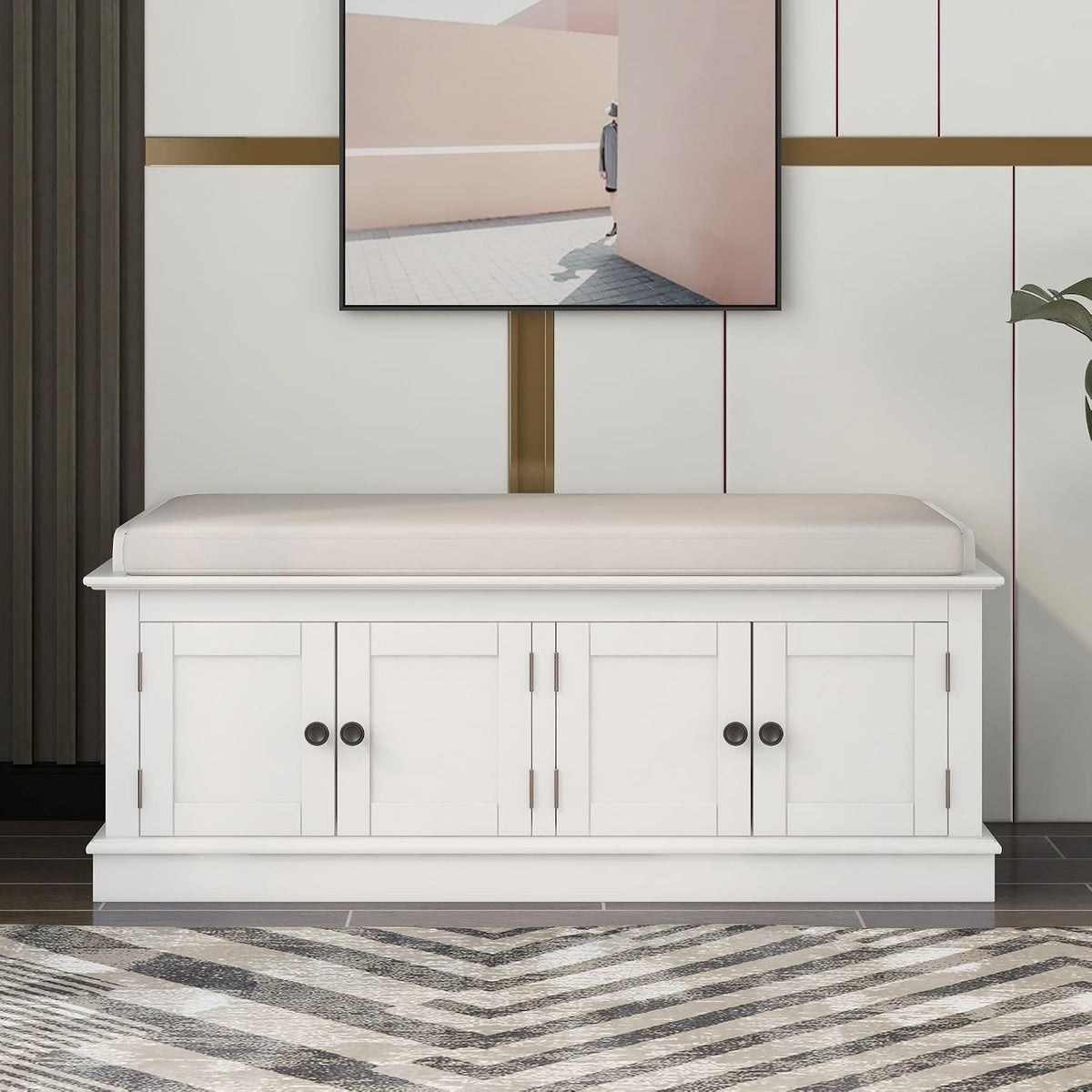 Merax Modern Rustic Wood Shoe Bench with Removable Cushion Multipurpose Window Storage Cabinets for Entryway Living Room Bedroom White