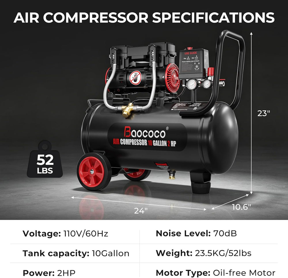 10Gallon Ultra Quiet Air Compressor with Two Quick Couplers 2HP MAX115PSI