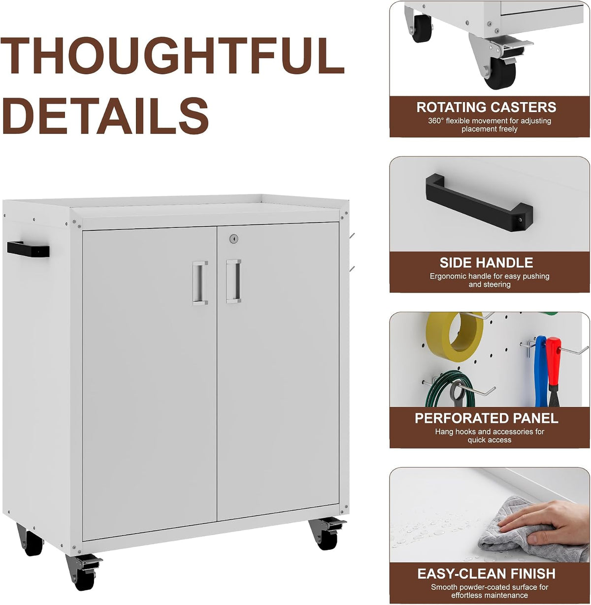 lcaopc metal storage cabinet with wheels - lockable, side view