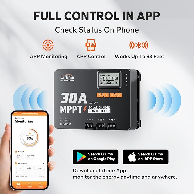 LiTime 30 Amp MPPT 12V/24V/Auto DC Input Solar Charge Controller Build-in