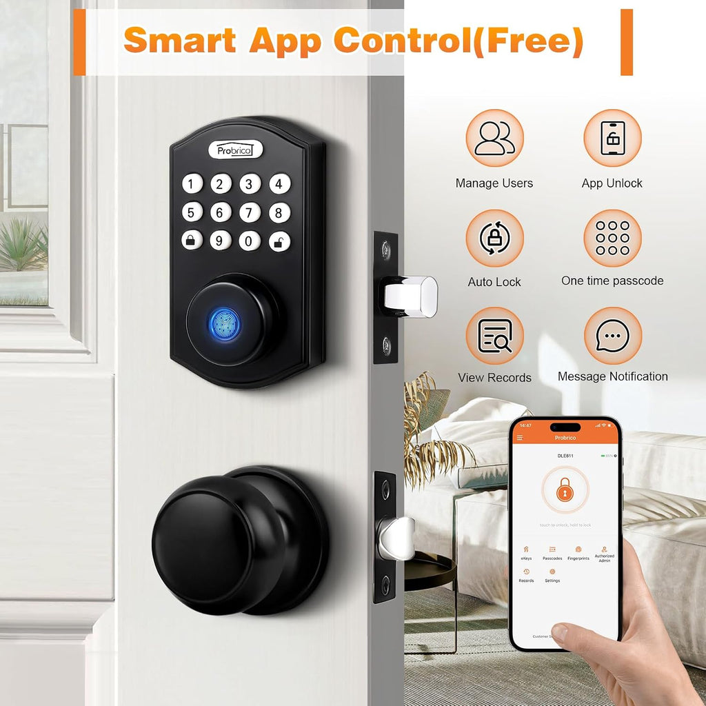 probrico smart keyless entry door lock with knob, side view
