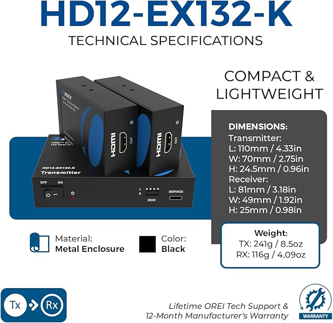 OREI 1x2 HDMI Extender Splitter Over Single Cable CAT6/7 1080P EDID Management