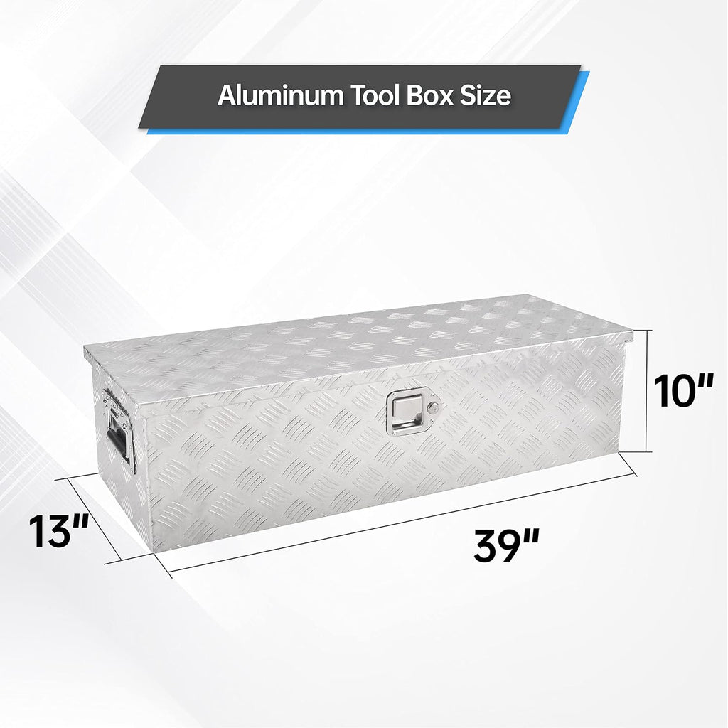 39" aluminum truck tool box with side handle showing dimensions