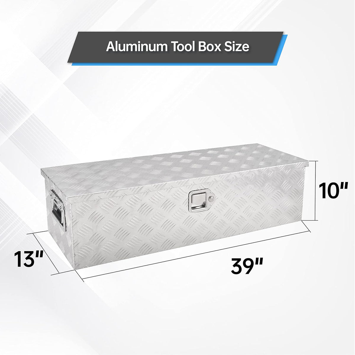 39" aluminum truck tool box with side handle showing dimensions