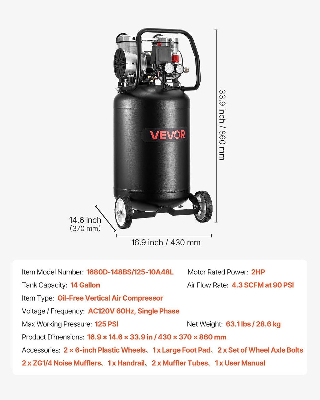 VEVOR 14-Gallon Air Compressor, 2HP 4.3 SCFM at 90PSI, Max 125PSI Pressure Oil-Free Air Compressor Tank, Portable on Wheels for Auto Repair, Tire Inflation, Spray Painting, Woodwork Nailing, 120V