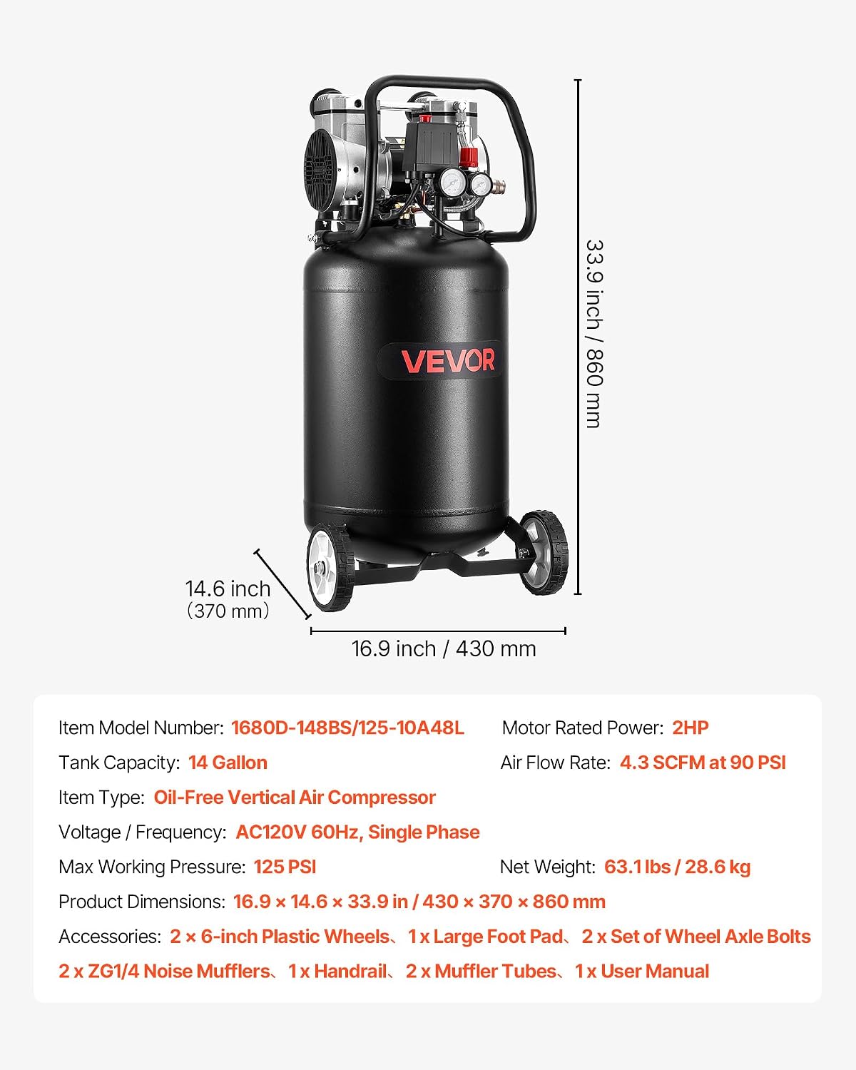 VEVOR 14-Gallon Air Compressor, 2HP 4.3 SCFM at 90PSI, Max 125PSI Pressure Oil-Free Air Compressor Tank, Portable on Wheels for Auto Repair, Tire Inflation, Spray Painting, Woodwork Nailing, 120V