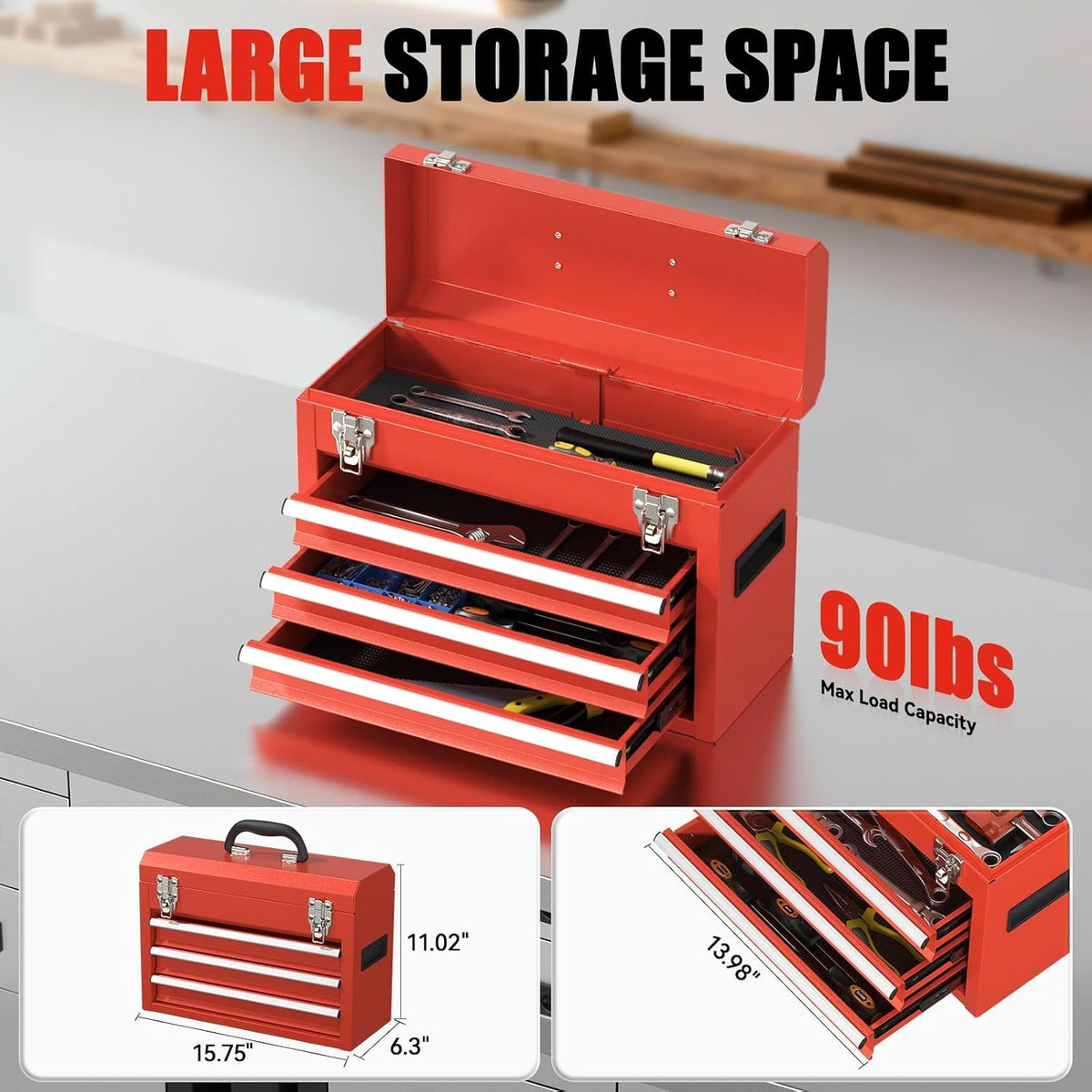 3-drawer small tool box, tool chest with evc showing dimensions