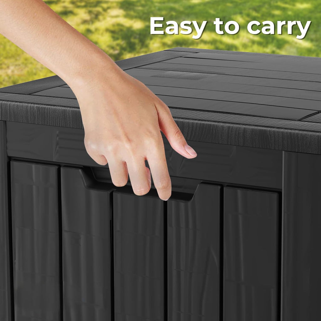 outdoor storage box, 31 gallon deck box indoor, close-up detail