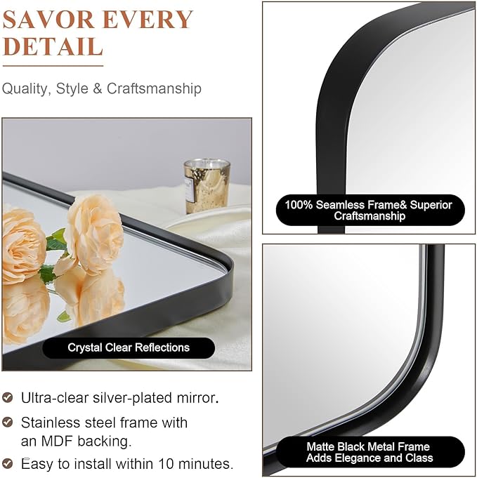 ANDY STAR Wall Mirror for Bathroom, 30x36 Matte Black Bathroom Mirror, Modern