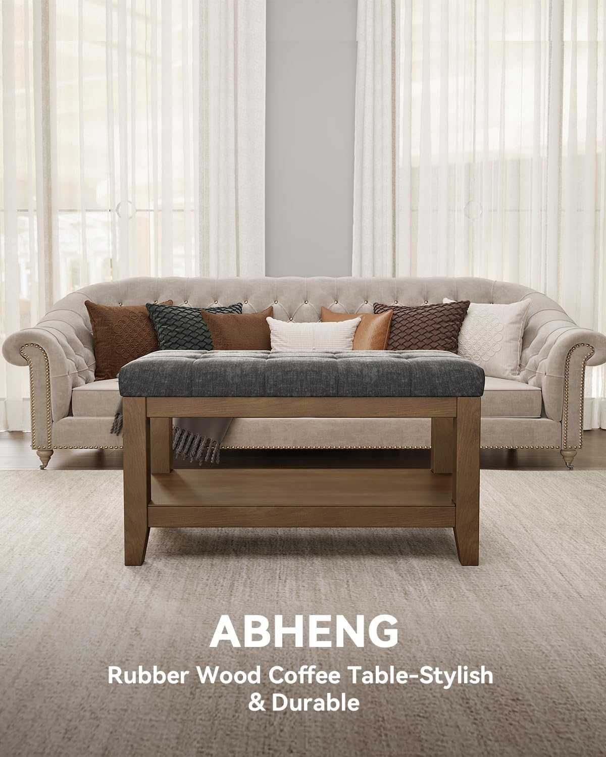 abheng solid rubber wood shoe bench, soft chenille, side view