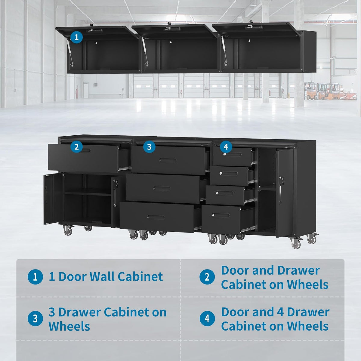 Black Garage Storage Cabinets System 6 PCS Workshop Set with Drawers Locking Heavy Duty Rolling Cart with Adjustable Shelves Garage Tool Workbench Cabinets,6pcs-1