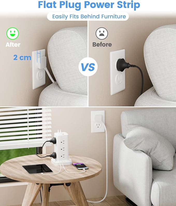 Power Strip Tower with Surge Protector 1800J, Fast Charging Tower PD20W USB-C