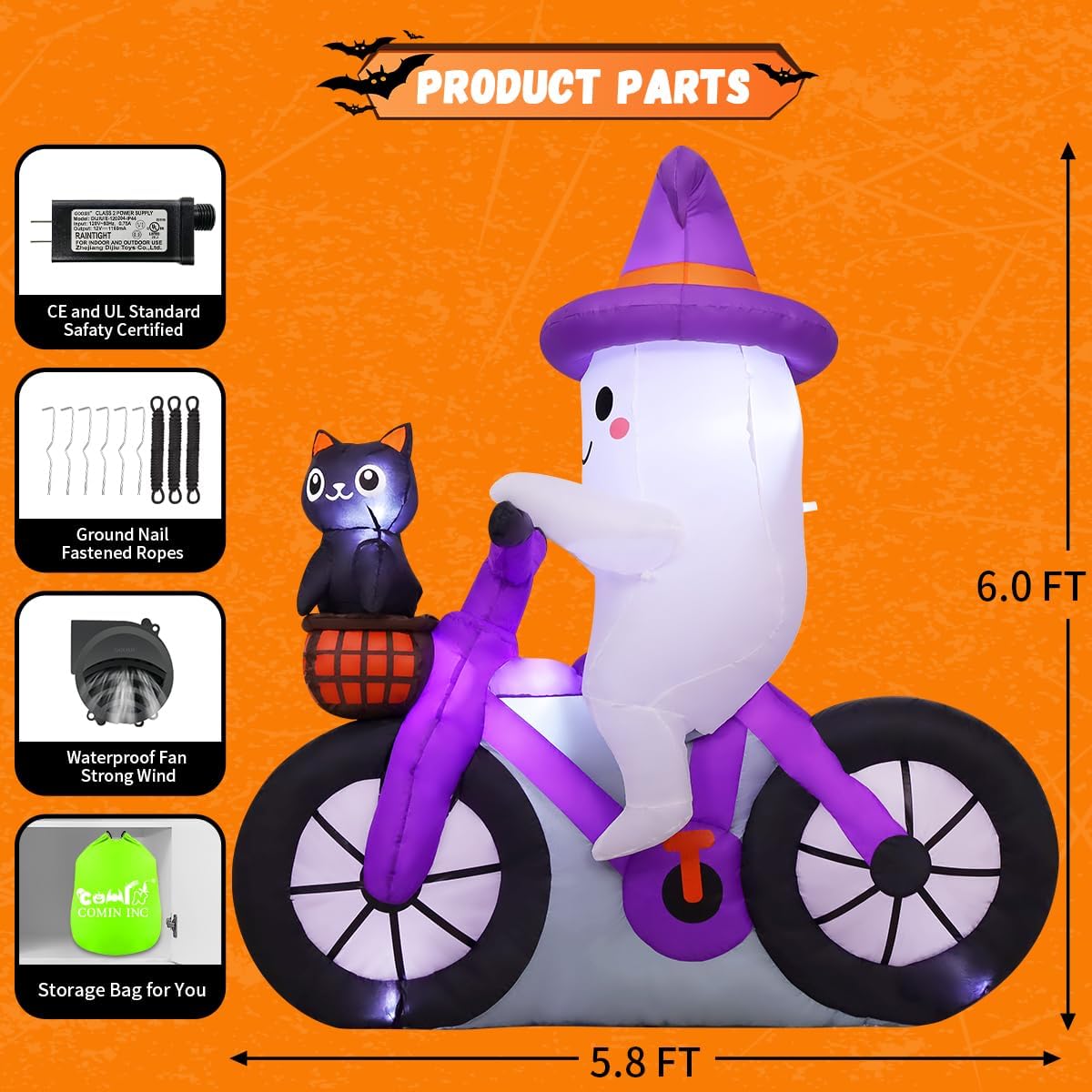 COMIN 5FT Halloween Inflatables Ghost Bike Black Cat Yard Decor with LEDs