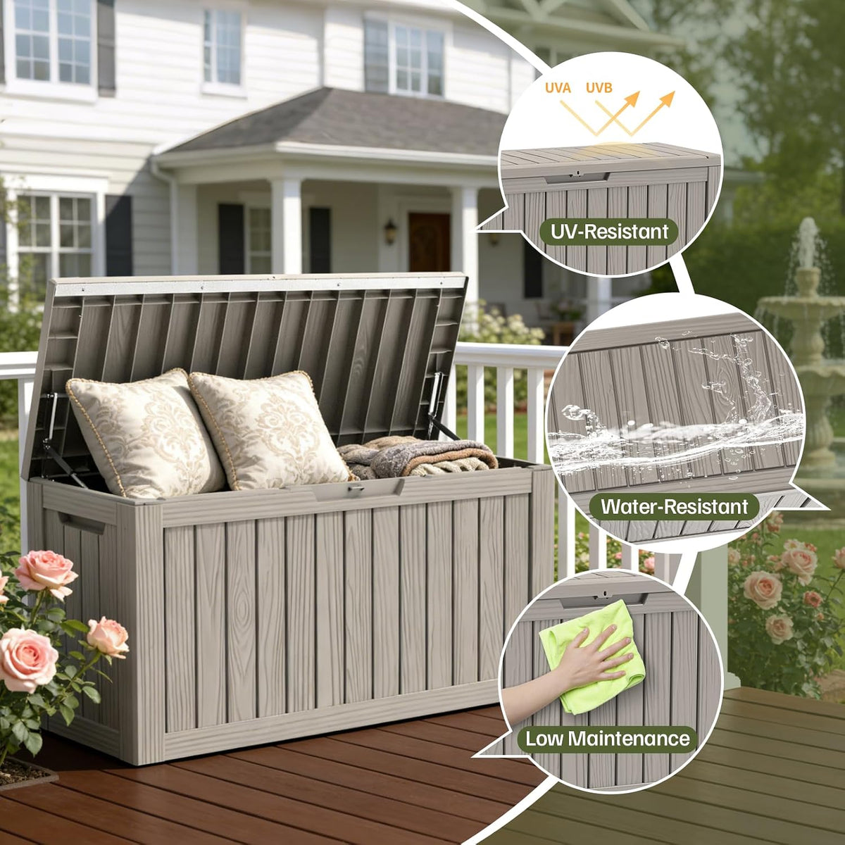 outdoor deck storage box, 90 gallon deck box,lockable, close-up detail