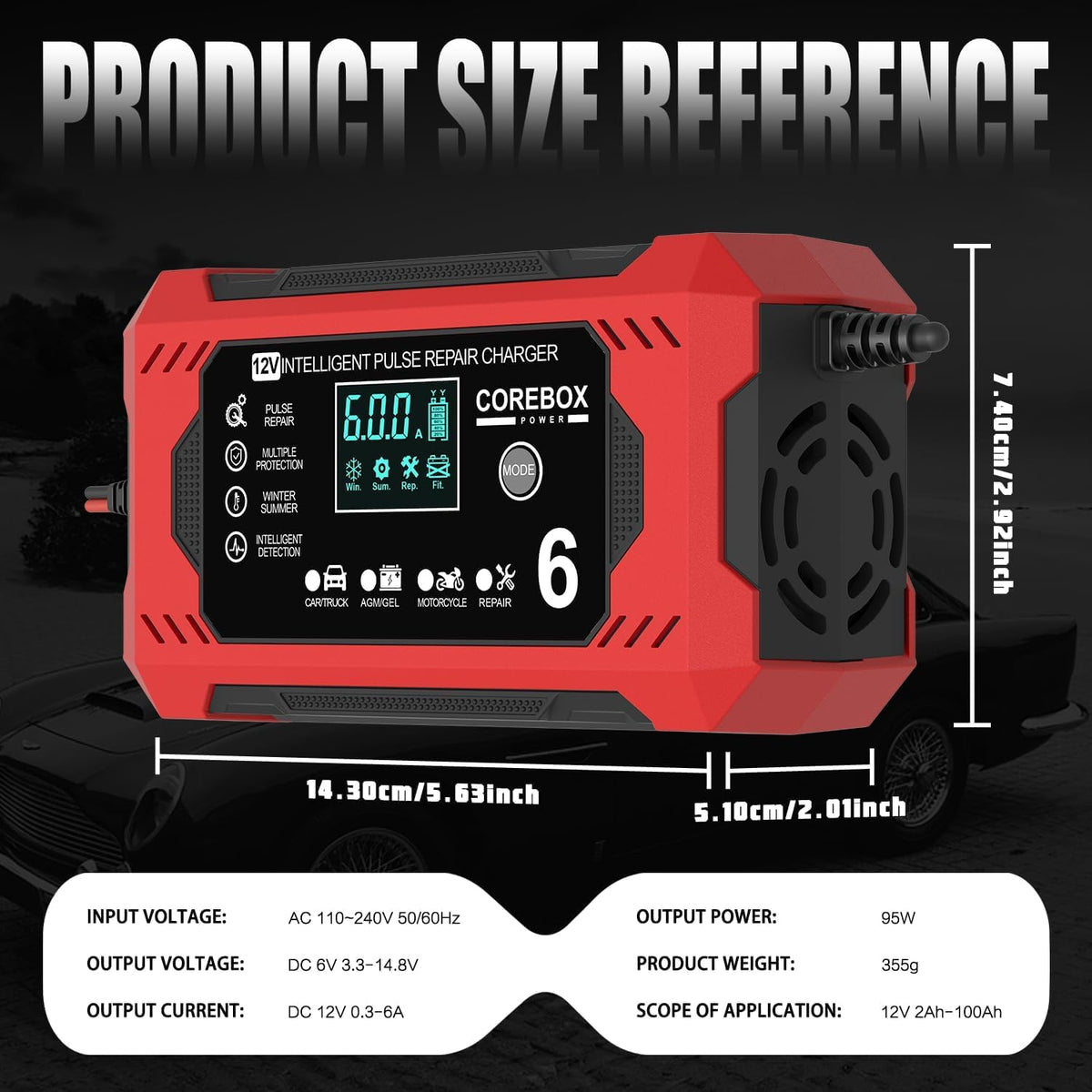 corebox battery charger 6-amp 12v automatic smart battery on a desk or shelf