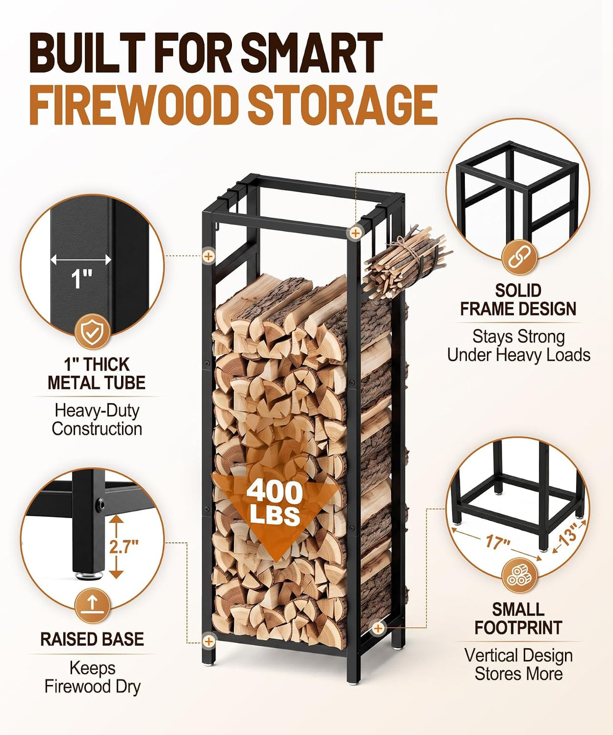 48.8in firewood rack indoor outdoor with hooks –, side view