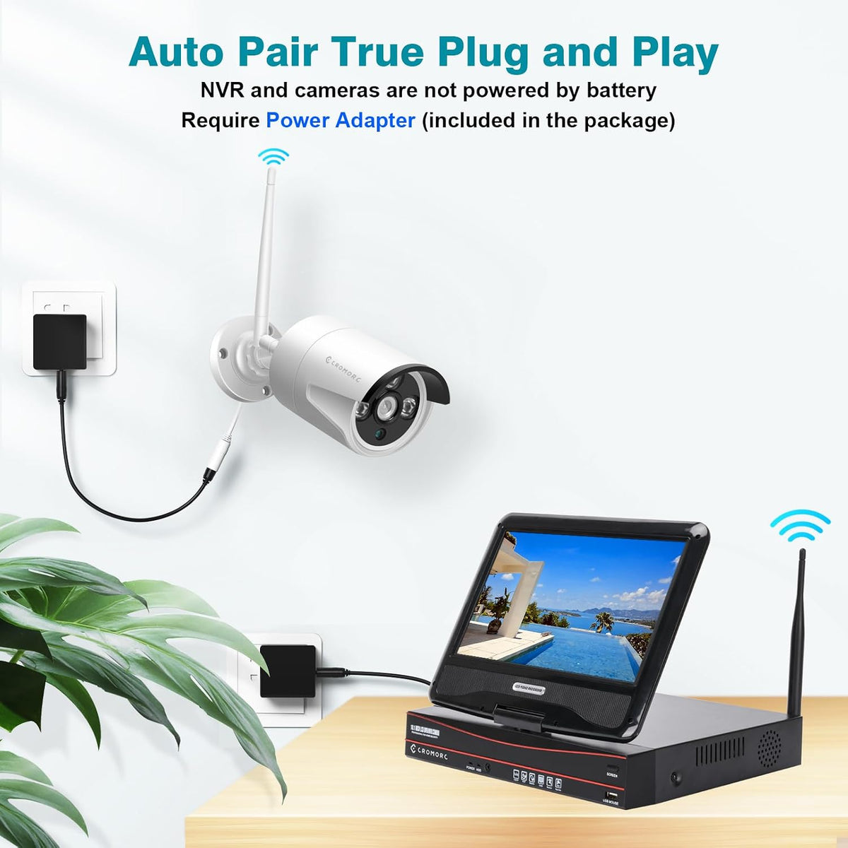 wireless security camera system with 10.1" monitor 4pcs shown in use