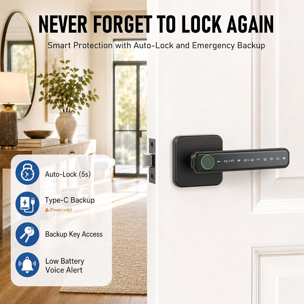 smart fingerprint door lock knob, biometric keyless entry, close-up detail