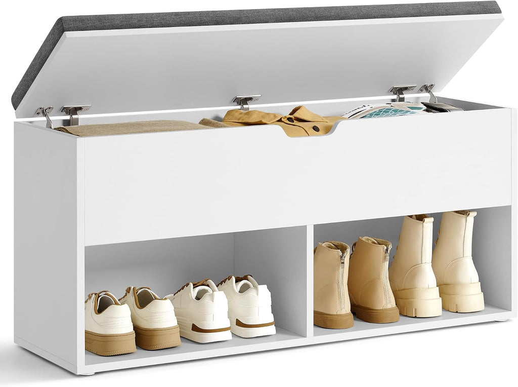 VASAGLE Shoe Storage Bench with Cushion, 2 Open and 1 Hidden Compartments