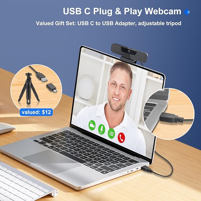 4K Auto Focus Webcam for PC, 4 AI Noise-Canceling Mics UHD Web cam, Auto Light